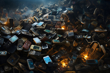 Pile of old mobile phones on the ground in a garbage dump, Generative Ai