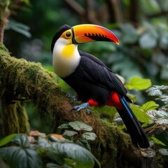 Obraz premium An exotic toucan perched on a tree branch, its vibrant orange and yellow beak contrasting against