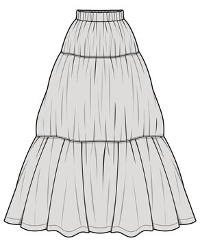 recommend clip art: Tiered Gathered Maxi Long Skirt, Bohemian Skirt Fashion Illustration, Vector, CAD, Technical Drawing, Flat Drawing, Template, Mockup