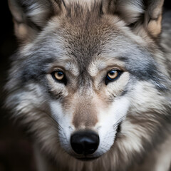 Fototapeta premium Portrait of a gray wolf in close-up (Canis Lupus), a forest wolf looking into the camera.
