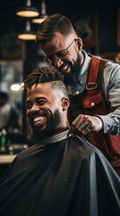 barber trimming a client's hair with electric clippers, capturing the movement - obrazy, fototapety, plakaty