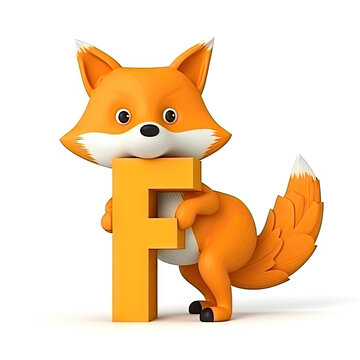 Kids alphabet with fox. Cute orange cartoon foxy, standing near yellow letter F on white background. Children abc lettering
