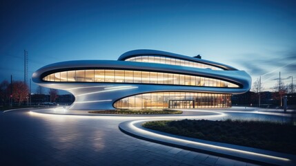 a futuristic building with a curved façade and sleek glass exterior
