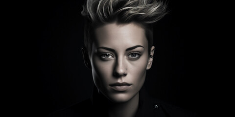 Fototapeta premium Artistic studio portrait, androgynous subject, high contrast, sharp cheekbones, neutral expression, monochromatic styling