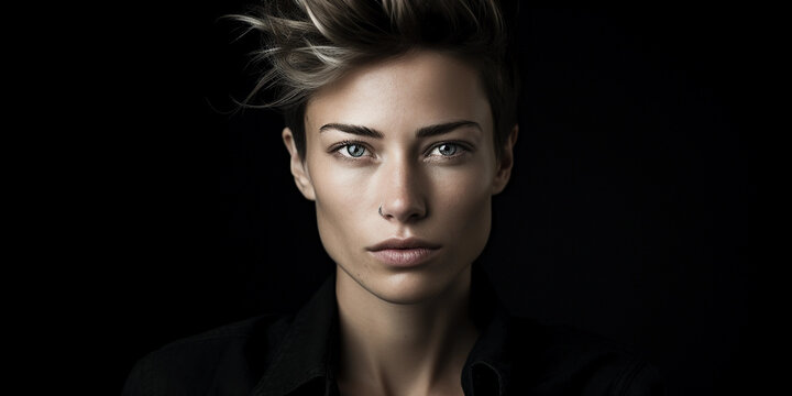 Artistic studio portrait, androgynous subject, high contrast, sharp cheekbones, neutral expression, monochromatic styling