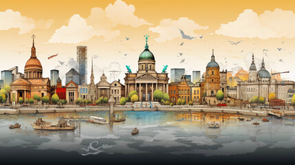 Drawing of berlin with landmark and popular for tourist attractions