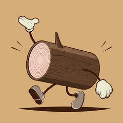 retro cartoon illustration of a walking wood log