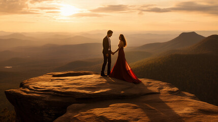 Dramatic mountaintop engagement portrait, couple on cliff edge, expansive view, sunrise hues