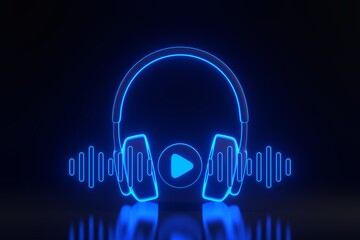 Headphones with play symbol and sound wave with bright glowing futuristic blue neon lights on black background. Minimal creative concept. 3D render illustration
