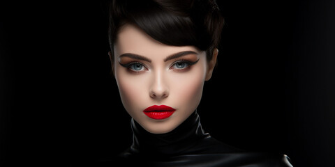 Fototapeta premium studio portrait, striking female model, bold red lipstick, dramatic winged eyeliner, black turtleneck, direct gaze