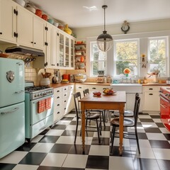 A vintage-inspired kitchen with a farmhouse sink, retro appliances, and checkerboard flooring