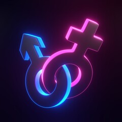 Male and Female symbols joined together with bright glowing futuristic blue neon lights on black background. Sexual symbols. Sign of venus and mars. Gender icon. Couple man and woman. 3D render