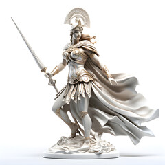 A sculpture of the Greek mythological goddess Athena, representing battle strategy and wisdom, isolated on a white background, - obrazy, fototapety, plakaty