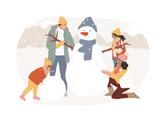 Building a snowman isolated concept vector illustration. Fun activity, winter season entertainment, Christmas holiday, building with snow, create snowman, family outdoor leisure vector concept.