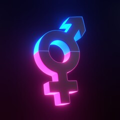 Transgender Symbol with bright glowing futuristic blue and pink neon lights on black background. Sexual symbols. Gender icon. 3D render illustration