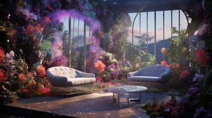 A virtual garden room featuring holographic furniture amid an ever-changing digital landscape of flora.