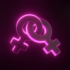 Female symbols intertwined with each other with bright glowing futuristic pink neon lights on black background. Sexual symbols. Sign of venus. Gender icon. Woman symbol. 3D render illustration