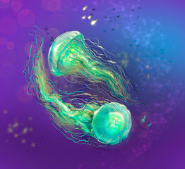 Drawn jellyfish on a blue background. Abstraction © Яна Баранцева