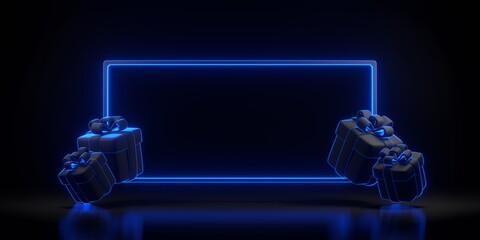 Gift boxes and frame with bright glowing futuristic blue neon lights on black background. Holiday decoration. Festive gift surprise. 3D render illustration