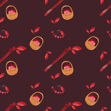 Watercolor seamless pattern with autumn leaves and backets. Seasonal wrapping paper. Fall. Raster illustration for packaging, wallapers, wrapping paper, textile.