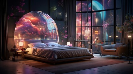 A virtual reality-inspired bedroom with holographic projections of furniture and immersive digital landscapes.