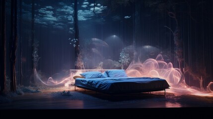 A virtual reality-inspired bedroom with holographic projections of furniture and immersive digital...