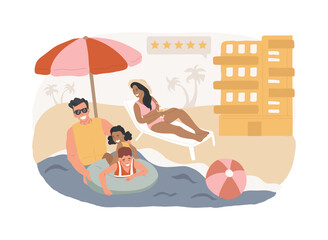Family vacation isolated concept vector illustration. All-inclusive hotel, family adventure, beach holiday, national park, weekend trip, summer camping, sea shore, diving vector concept.