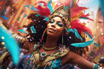 Carnival parade with colorful floats, dancers in elaborate costumes, and lively music, confetti in...