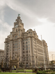 Fototapeta na wymiar View of The royal Liver building on the Pierhead at Liverpool. Architecture design of Clock tower and The liver bird on top of Historic The royal liver building. Space for text, Selective focus.