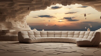 A visionary composition showcasing a modular sofa design within an intricate, fractal-inspired landscape.