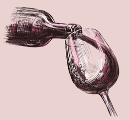 Sketch of red wine poured from  bottle into glass - 683051039