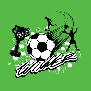 Football print with soccer ball on green field background, running men silhouette hold on winner cup.