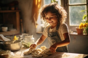 Joyful Childhood Baking: Smiling Girl Preparing Dough in Sunlit Kitchen