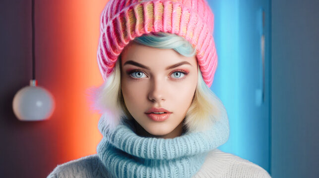 Winter Elegance: A young lady in a warm hat and sweater, surrounded by neon lights. The harmony of colors creates a picture of perfection in the cold.