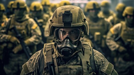 Portrait of a special forces soldier with gas mask. Selective focus. Patriotism Concept. Military Concept.