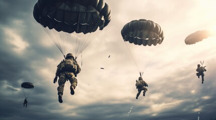 Parachutist flying with parachute in the sky. Patriotism Concept. Military Concept. - obrazy, fototapety, plakaty