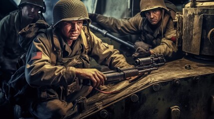 Portrait of a group of soldiers on the background of military equipment. Patriotism Concept. Military Concept.