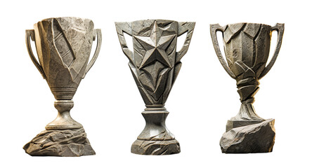 First place trophy cup, brutal -  carved out of stone isolated on free PNG background. 3d rendering. Collection of futuristic cups.