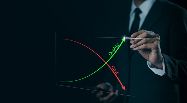 Quality increase and cost reduction optimization for products or services to improve efficiency. Businessman with quality control growth graph and cost reduction, Effective business, Efficient Risk,
