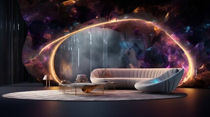 A visionary lounge area with a futuristic sofa design harmonizing with a holographic, kaleidoscopic background.