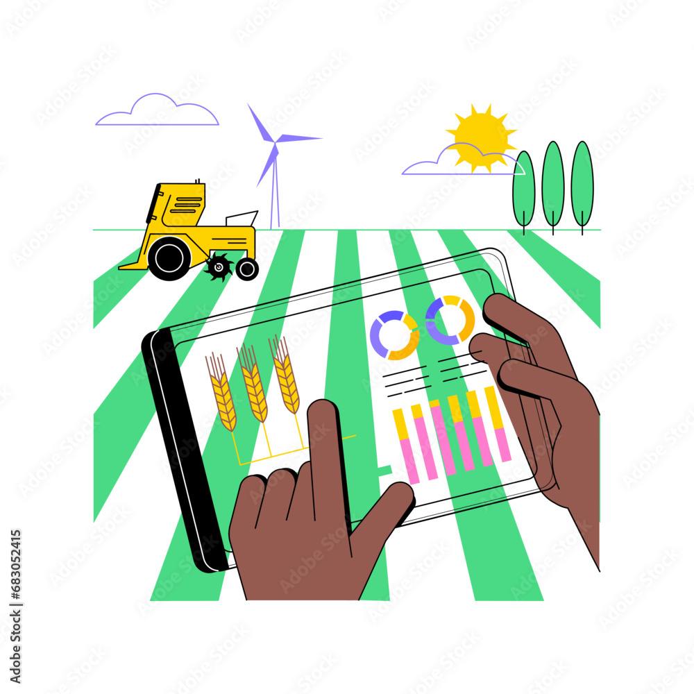 Poster analytics for crop yield forecast isolated cartoon vector illustrations. farmer with tablet controls