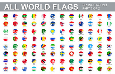 All world flags - vector set of flat round grunge icons. Part 2 of 2