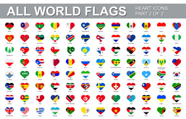 All world flags - vector set of flat heart shape icons. Part 2 of 2