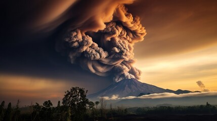  ominous clouds of smoke and ash that billow out of a volcano during an eruption - obrazy, fototapety, plakaty