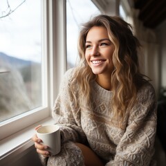A woman wearing a knitted sweater and holding a cup of coffee, sitting on a window seat with a view