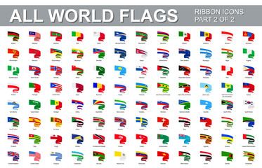 All world flags - vector set of flat twisted ribbon icons. Part 2 of 2