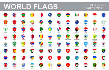 All world flags - vector set of flat shield icons. Part 2 of 2