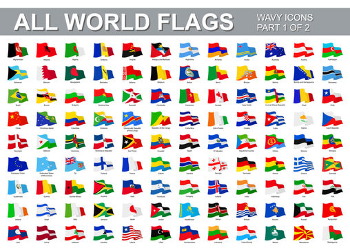 All world flags - vector set of waveform flat icons. Part 1 of 2