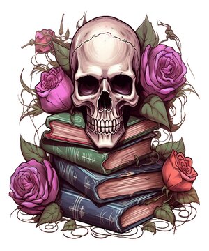 skeleton books skull death flowers