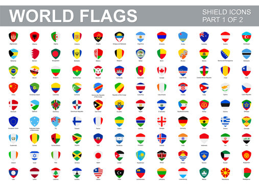 All world flags - vector set of flat shield icons. Part 1 of 2